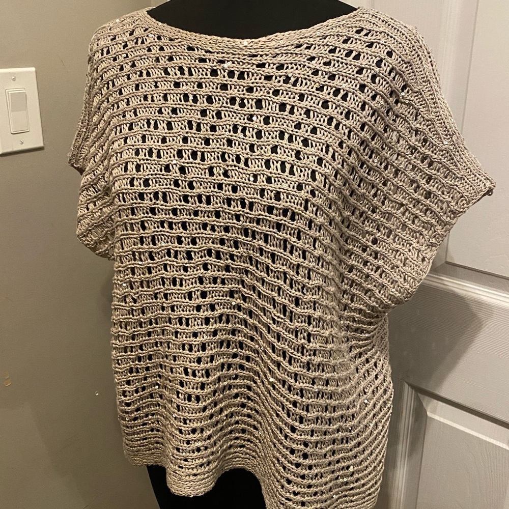 Eileen Fisher Sequin Chainmail Mesh Textured Knit Cap Sleeve Gray Sweater NWT S